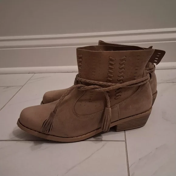 Braided Tassel Ankle Booties in Taupe Suede - Picture 1 of 5